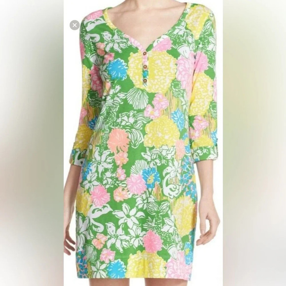 Lilly Pulitzer S Hibiscus Stroll Palmetto Dress. V-neck with 3/4 cuffed sleeve - Picture 1 of 10